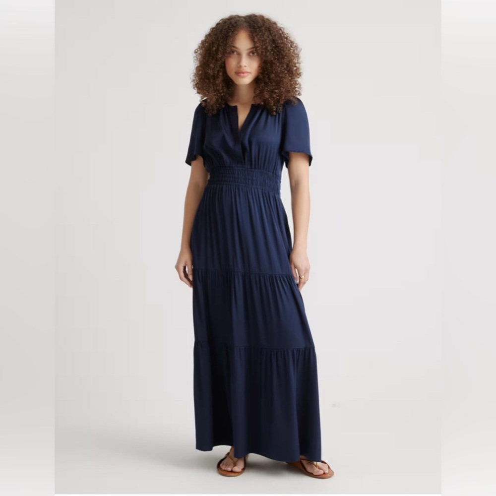 New w. Tags Quince Elegant Navy Blue Silk Maxi Tiered Dress
